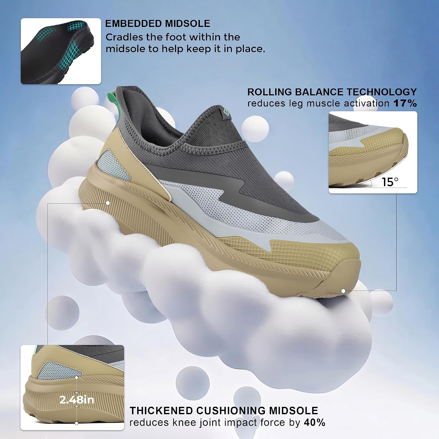 JACKSHIBO Men’s Wide Toe Box Slip on Walking Shoes Arch Support Sneakers | Slip in, Zero Drop, Plantar Fasciitis, Orthopedic Shoes, Cushion Thick Sole, Hands Free, Tennis Athletic, Metatarsal Pads(Slip on Grey)