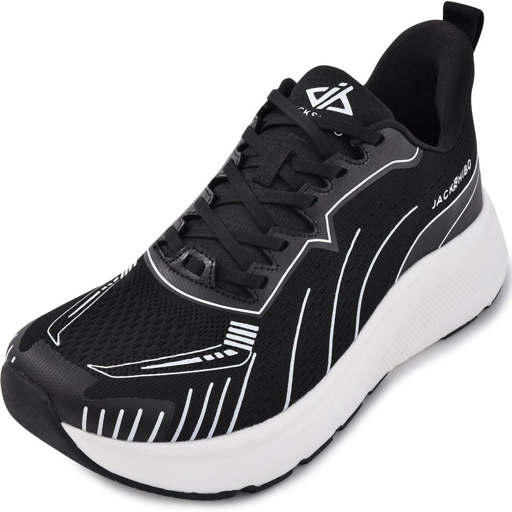 JACKSHIBO Slip in Men Hands Free Wide Toe Box Shoes Slip on Arch Support Wide Sneakers for Running Walking Tennis Athletic Plantar Fasciitis Orthopedic Shoe Zero Drop Cushion Thick Sole Width Shoes(Black/White)