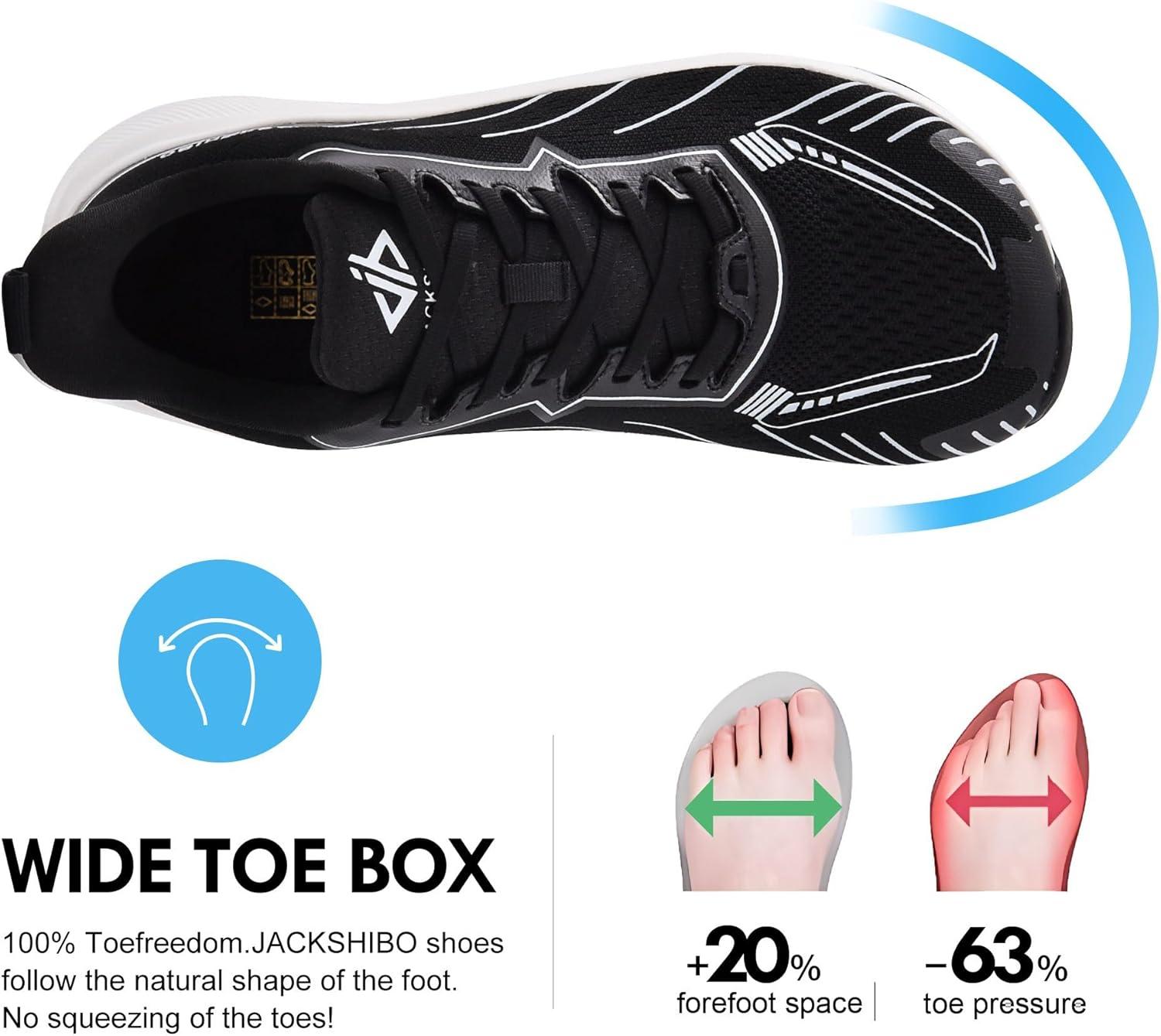 JACKSHIBO Slip in Men Hands Free Wide Toe Box Shoes Slip on Arch Support Wide Sneakers for Running Walking Tennis Athletic Plantar Fasciitis Orthopedic Shoe Zero Drop Cushion Thick Sole Width Shoes(Black/White)