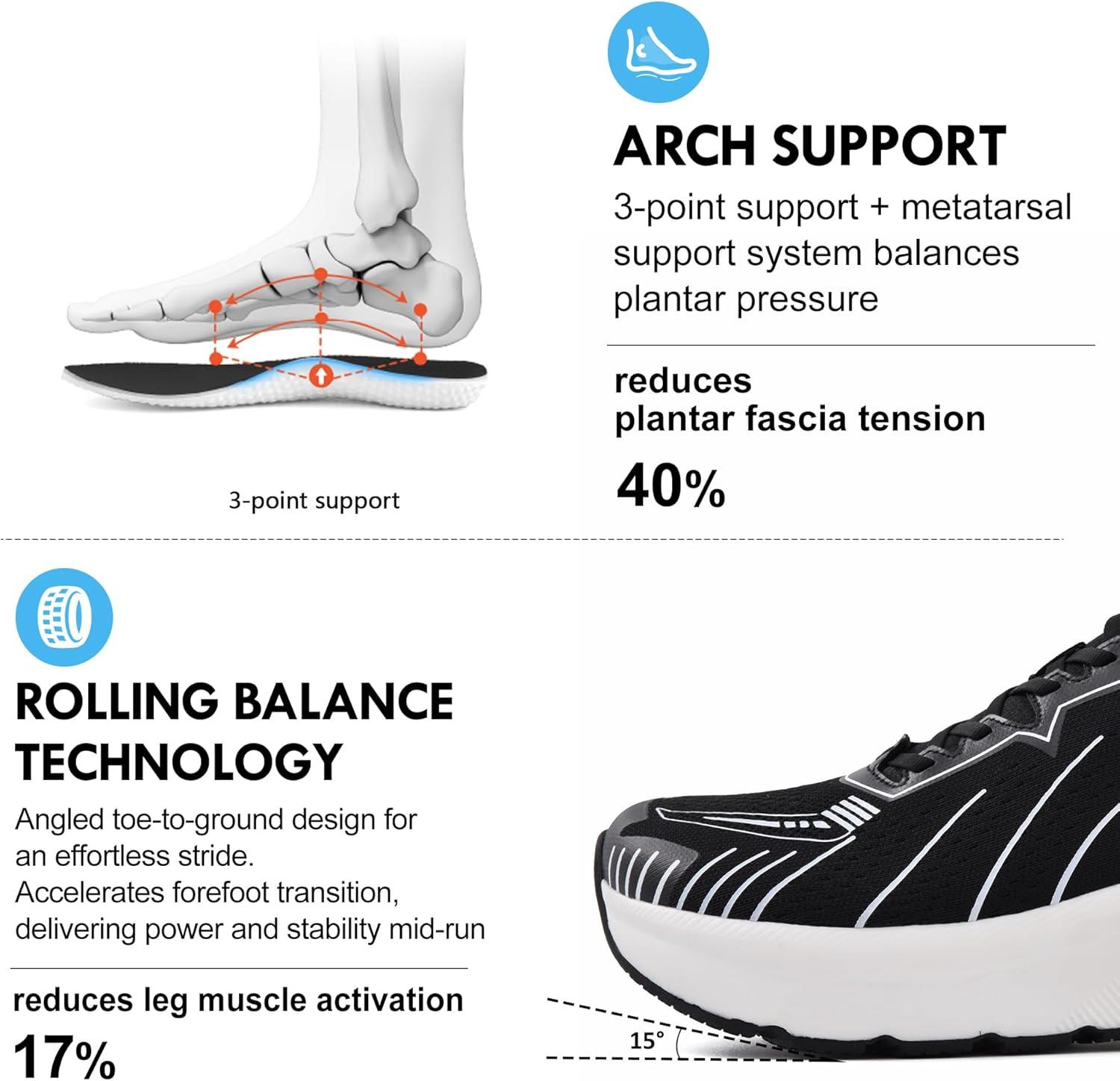 JACKSHIBO Slip in Men Hands Free Wide Toe Box Shoes Slip on Arch Support Wide Sneakers for Running Walking Tennis Athletic Plantar Fasciitis Orthopedic Shoe Zero Drop Cushion Thick Sole Width Shoes(Black/White)