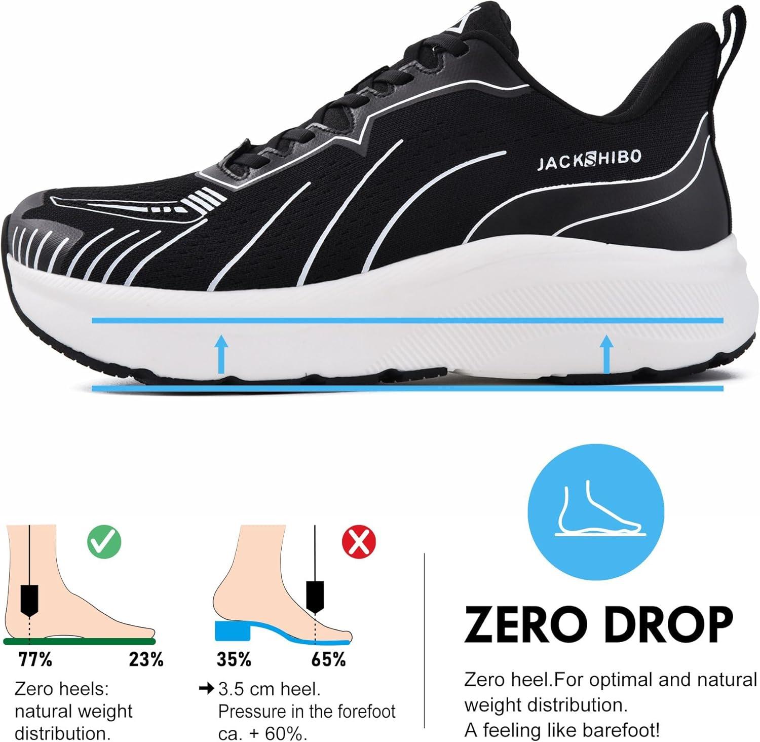 JACKSHIBO Slip in Men Hands Free Wide Toe Box Shoes Slip on Arch Support Wide Sneakers for Running Walking Tennis Athletic Plantar Fasciitis Orthopedic Shoe Zero Drop Cushion Thick Sole Width Shoes(Black/White)