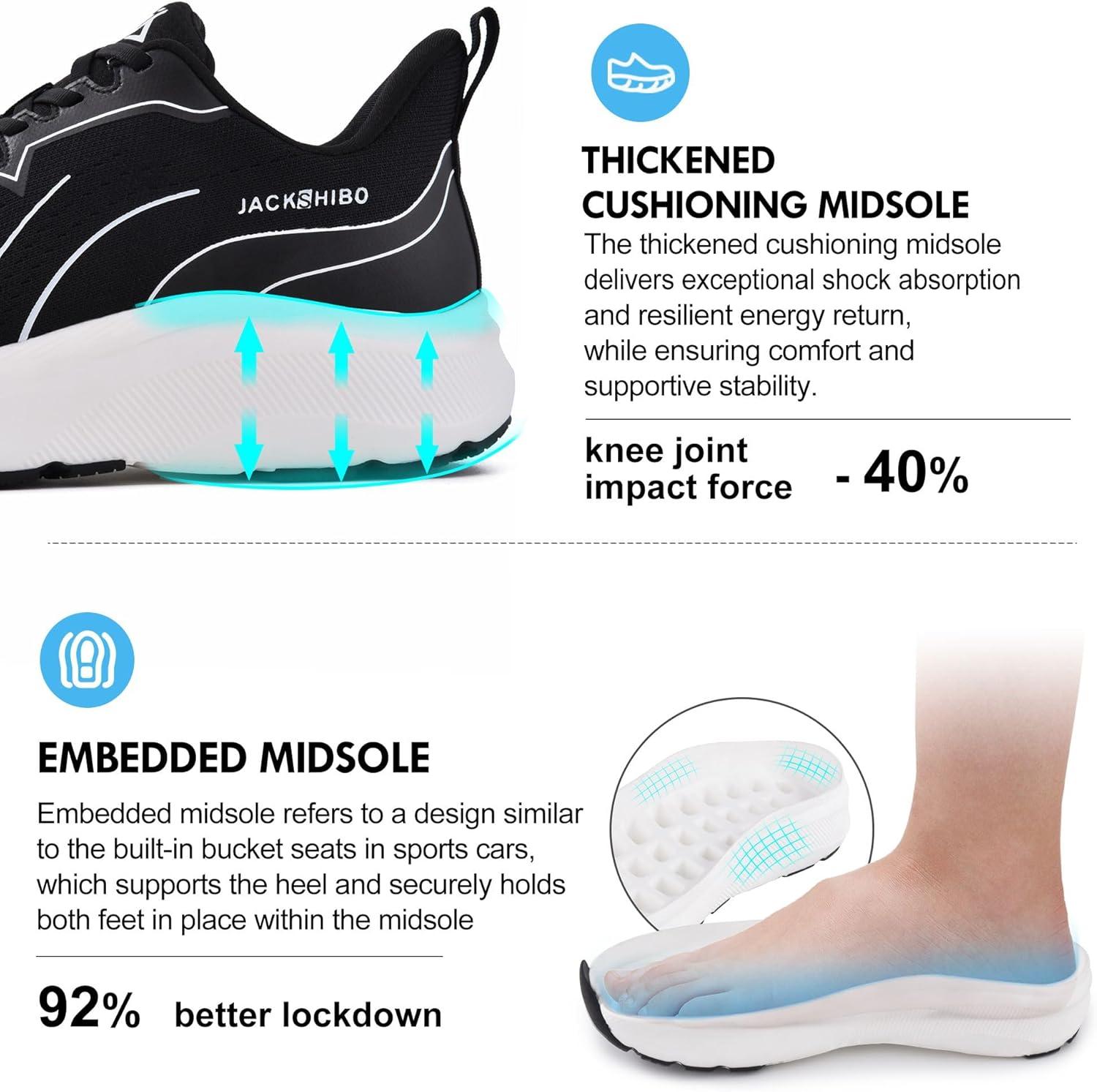 JACKSHIBO Slip in Men Hands Free Wide Toe Box Shoes Slip on Arch Support Wide Sneakers for Running Walking Tennis Athletic Plantar Fasciitis Orthopedic Shoe Zero Drop Cushion Thick Sole Width Shoes(Black/White)