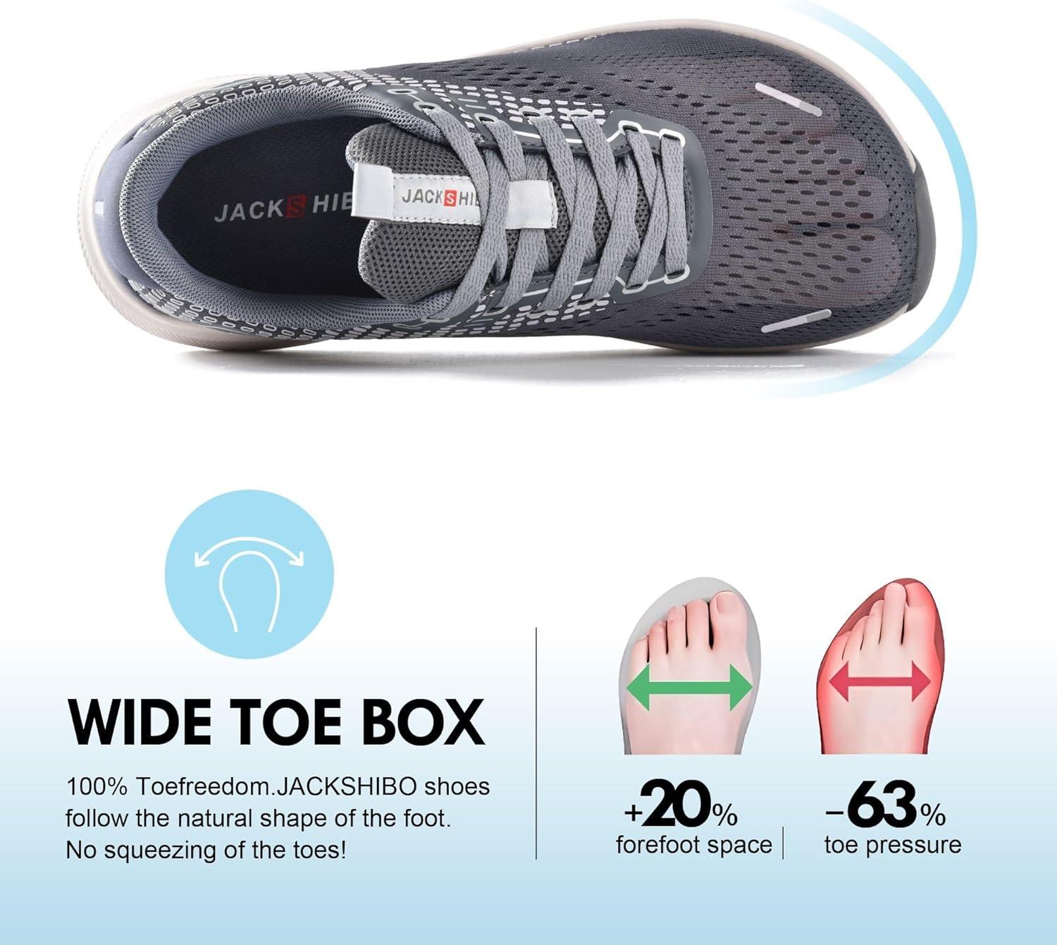 JACKSHIBO Wide Toe Box Shoes for Men Arch Support Shoes Wide Width Sneakers for Running Walking Athletic Tennis Orthopedic Plantar Fasciitis Workout with Thick Cushioned Zero Drop Sole(Grey)