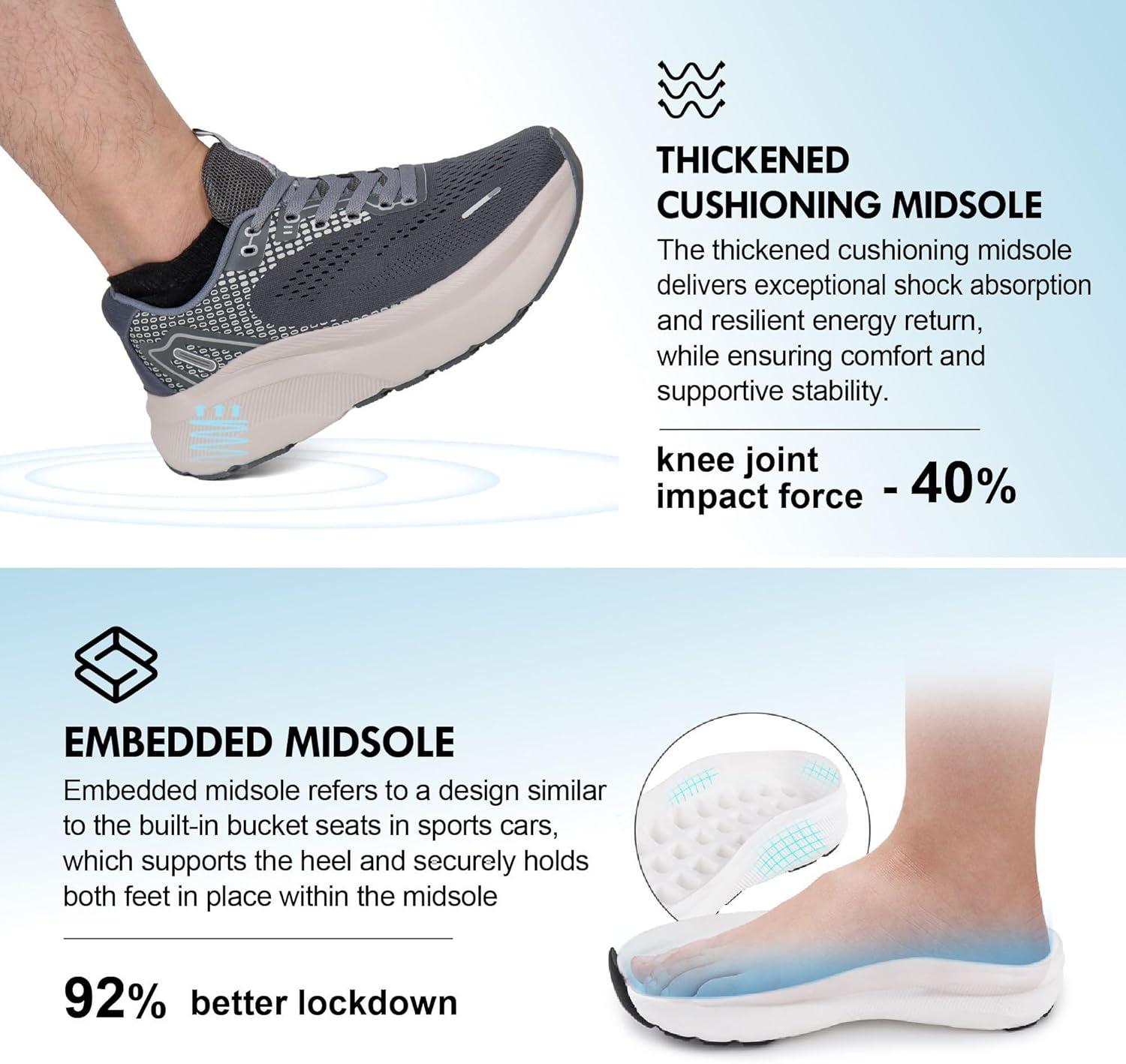 JACKSHIBO Wide Toe Box Shoes for Men Arch Support Shoes Wide Width Sneakers for Running Walking Athletic Tennis Orthopedic Plantar Fasciitis Workout with Thick Cushioned Zero Drop Sole(Grey)