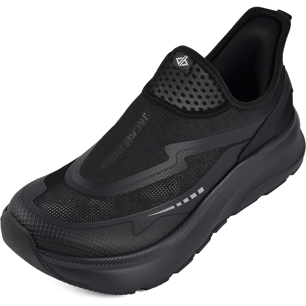 JACKSHIBO Men’s Wide Toe Box Slip on Walking Shoes Arch Support Sneakers | Slip in, Zero Drop, Plantar Fasciitis, Orthopedic Shoes, Cushion Thick Sole, Hands Free, Tennis Athletic, Metatarsal Pads(Slip on Black)