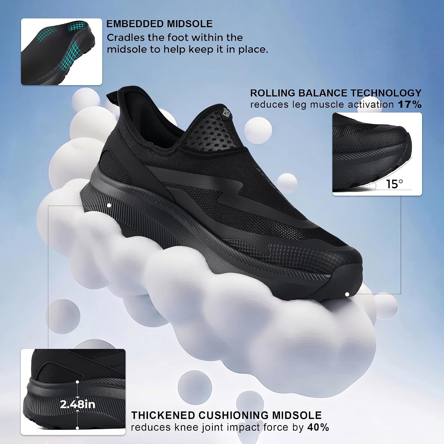 JACKSHIBO Men’s Wide Toe Box Slip on Walking Shoes Arch Support Sneakers | Slip in, Zero Drop, Plantar Fasciitis, Orthopedic Shoes, Cushion Thick Sole, Hands Free, Tennis Athletic, Metatarsal Pads(Slip on Black)