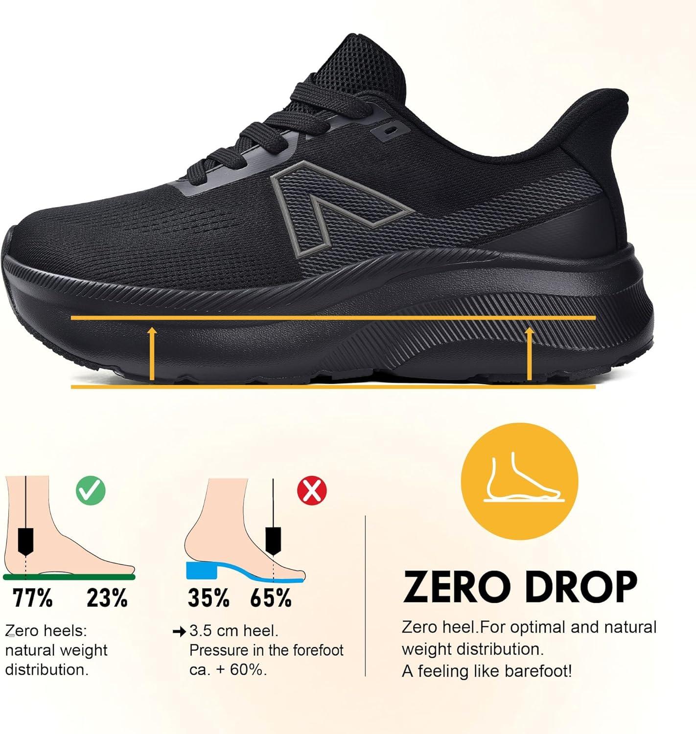 JACKSHIBO Slip in Men Hands Free Wide Toe Box Shoes Slip on Trail Running Walking Tennis Athletic Sneakers Width Arch Support Plantar Fasciitis Orthopedic Shoes with Cushion Thick Zero Drop Sole(Wide Toe Box Black)