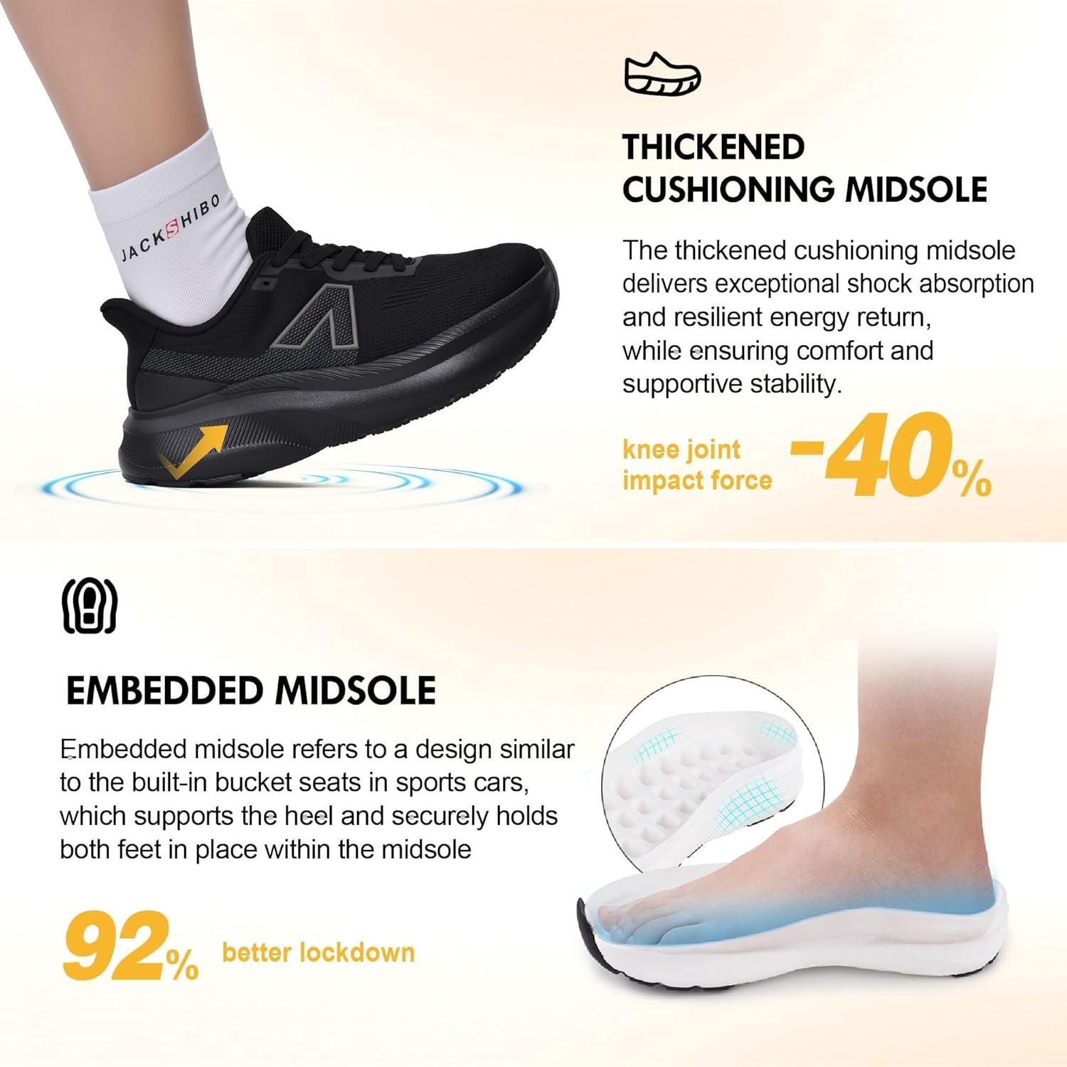 JACKSHIBO Slip in Men Hands Free Wide Toe Box Shoes Slip on Trail Running Walking Tennis Athletic Sneakers Width Arch Support Plantar Fasciitis Orthopedic Shoes with Cushion Thick Zero Drop Sole(Wide Toe Box Black)