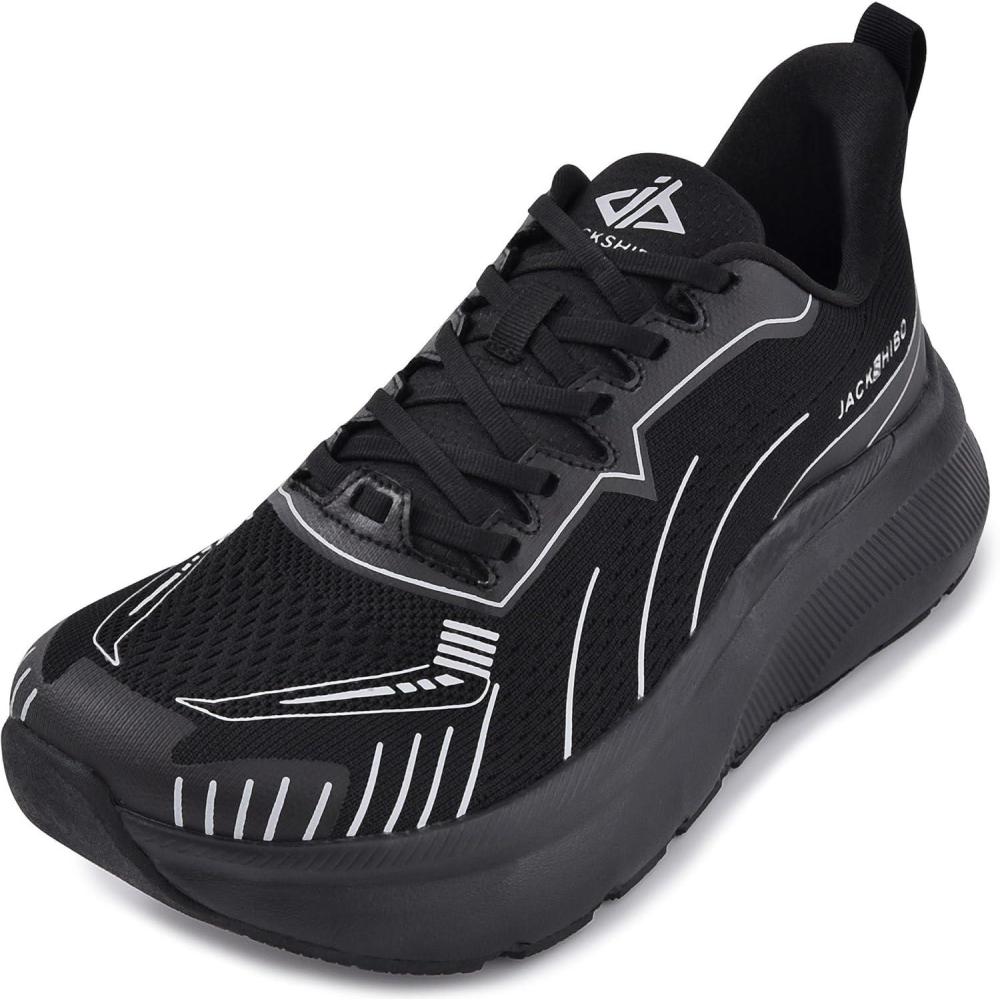 JACKSHIBO Slip in Men Hands Free Wide Toe Box Shoes Slip on Arch Support Wide Sneakers for Running Walking Tennis Athletic Plantar Fasciitis Orthopedic Shoe Zero Drop Cushion Thick Sole Width Shoes(Black)