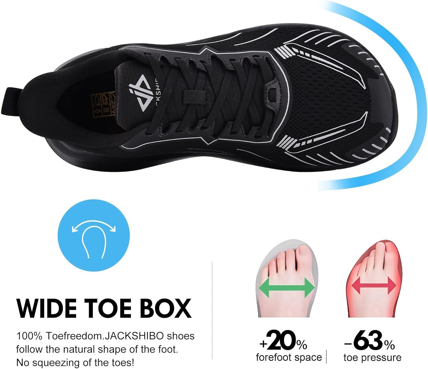 JACKSHIBO Slip in Men Hands Free Wide Toe Box Shoes Slip on Arch Support Wide Sneakers for Running Walking Tennis Athletic Plantar Fasciitis Orthopedic Shoe Zero Drop Cushion Thick Sole Width Shoes(Black)