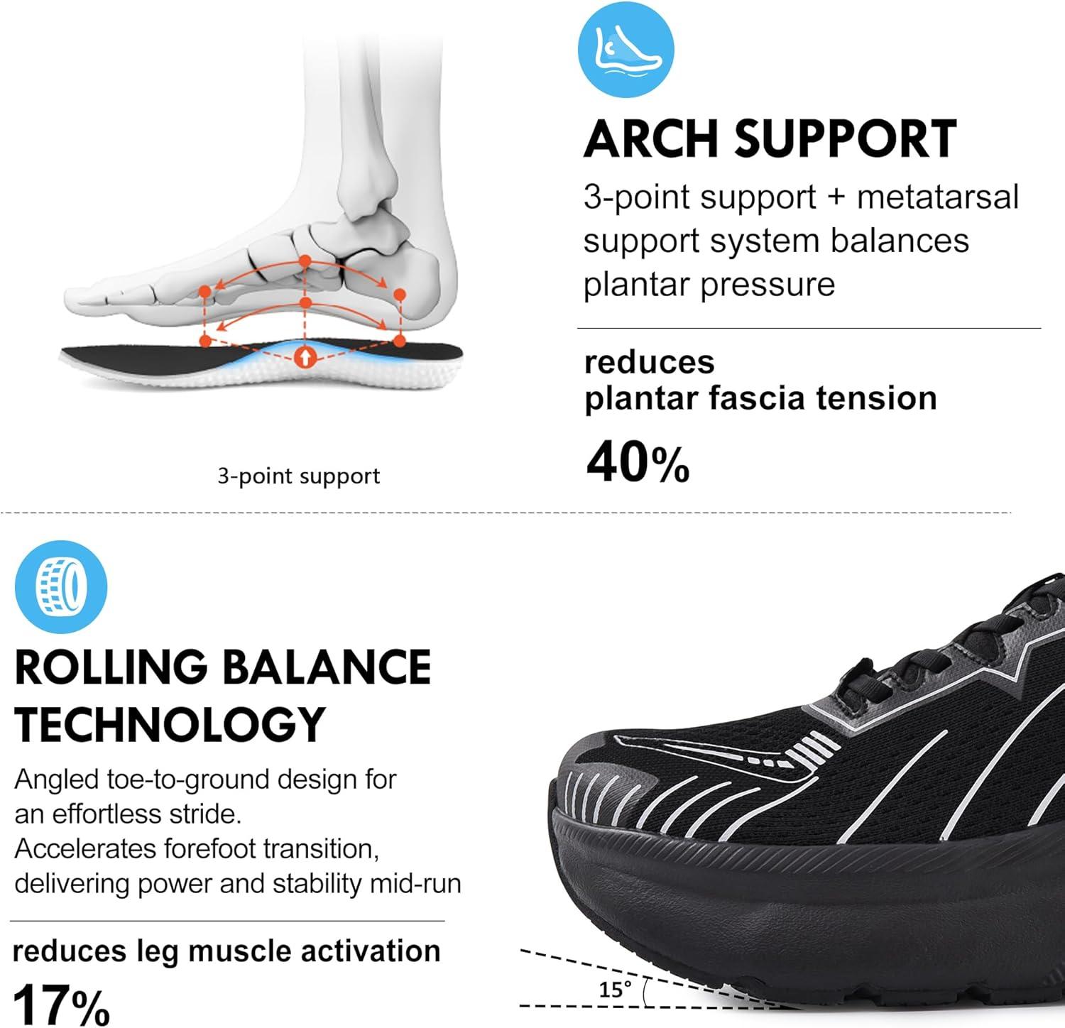 JACKSHIBO Slip in Men Hands Free Wide Toe Box Shoes Slip on Arch Support Wide Sneakers for Running Walking Tennis Athletic Plantar Fasciitis Orthopedic Shoe Zero Drop Cushion Thick Sole Width Shoes(Black)