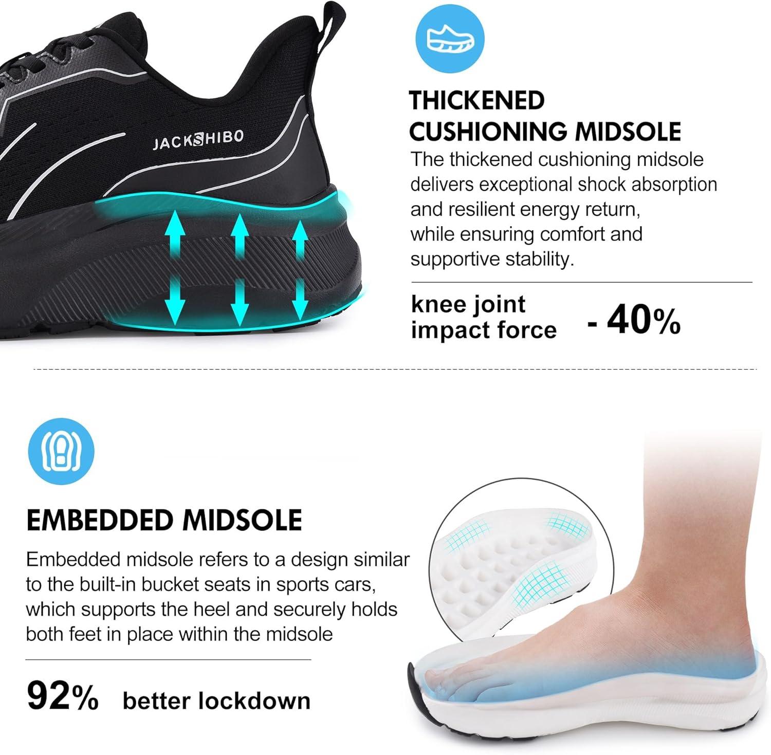 JACKSHIBO Slip in Men Hands Free Wide Toe Box Shoes Slip on Arch Support Wide Sneakers for Running Walking Tennis Athletic Plantar Fasciitis Orthopedic Shoe Zero Drop Cushion Thick Sole Width Shoes(Black)