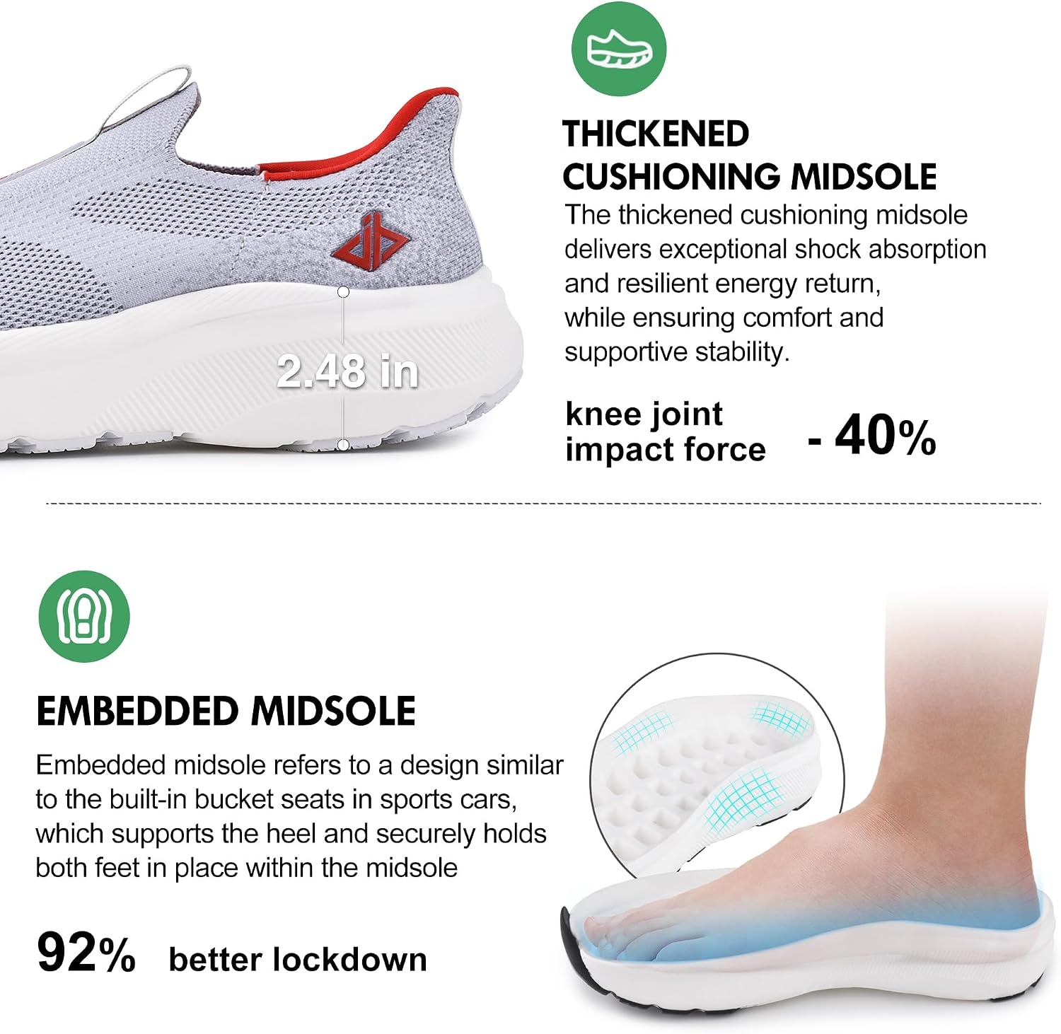 Men Slip in Free up Hands Shoe Wide Toe Box Arch Support Orthopedic Walking(Slip On-grey)