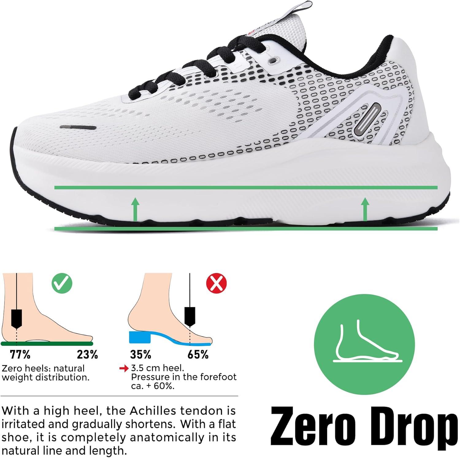 JACKSHIBO Wide Toe Box Shoes for Men Arch Support Shoes Wide Width Sneakers for Running Walking Athletic Tennis Orthopedic Plantar Fasciitis Workout with Thick Cushioned Zero Drop Sole(White)