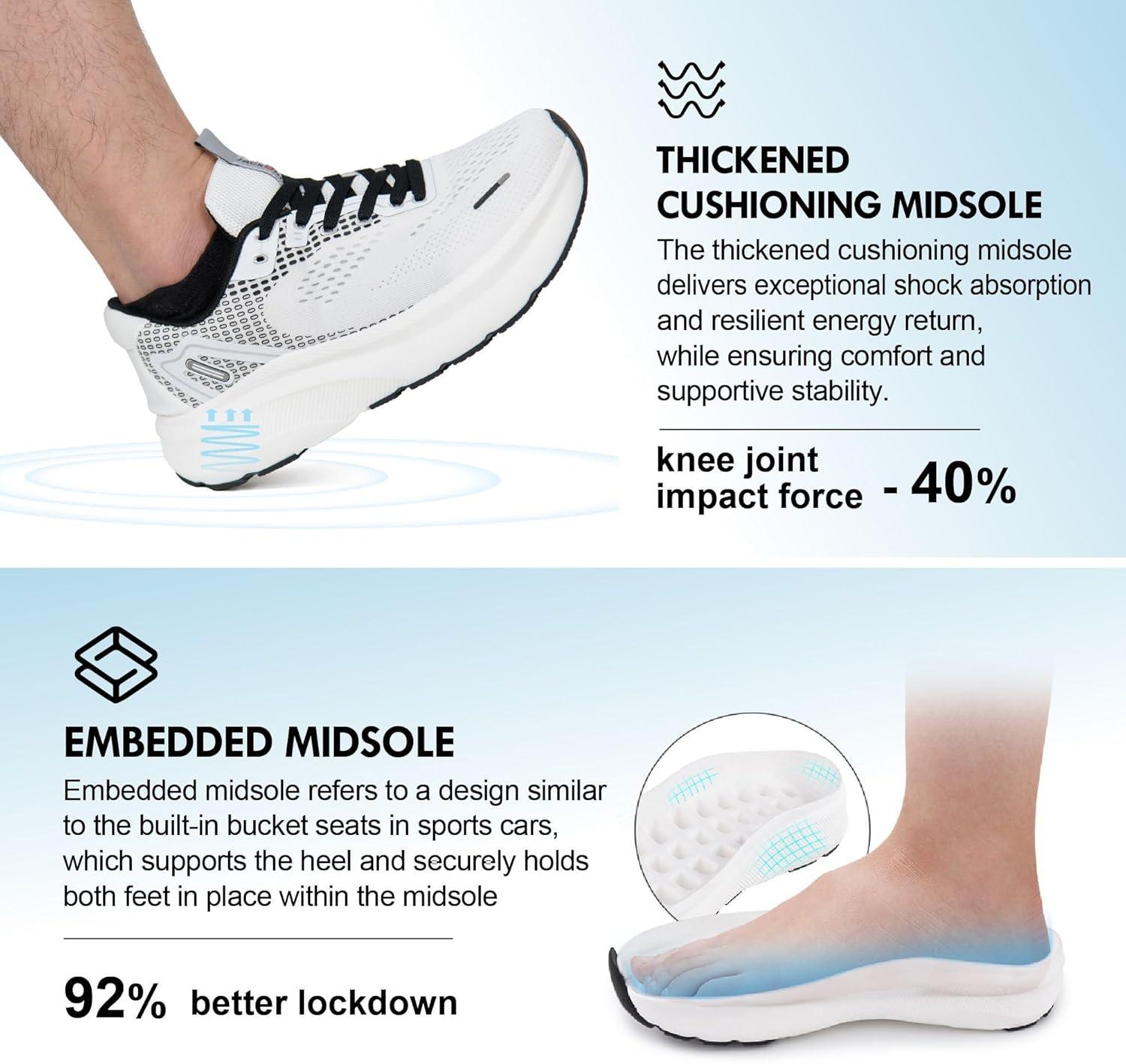JACKSHIBO Wide Toe Box Shoes for Men Arch Support Shoes Wide Width Sneakers for Running Walking Athletic Tennis Orthopedic Plantar Fasciitis Workout with Thick Cushioned Zero Drop Sole(White)