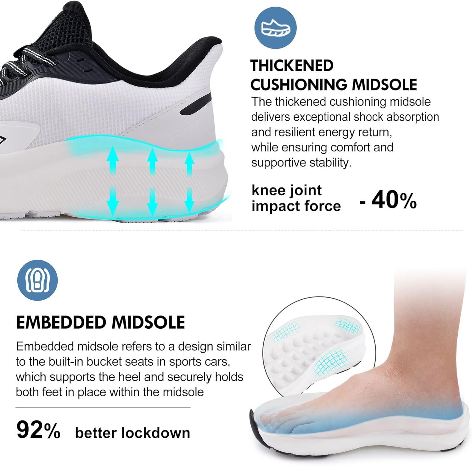 JACKSHIBO Slip in Men Hands Free Shoes Wide Toe Box Slip On Walking Running Tennis Athletic Sneakers Arch Support Plantar Fasciitis Orthopedic Shoes with Metatarsal Pads Cushion Thick Zero Drop Sole(White)