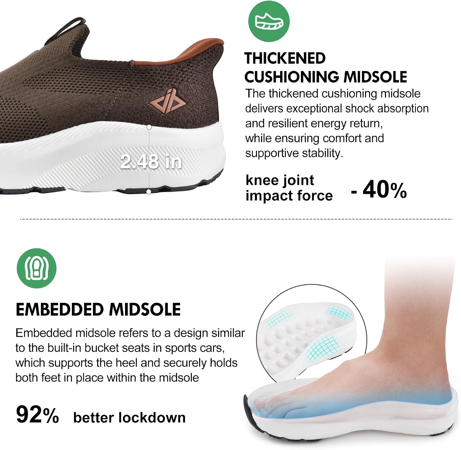 Men Slip in Free up Hands Shoe Wide Toe Box Arch Support Orthopedic Walking(Slip On-brown)